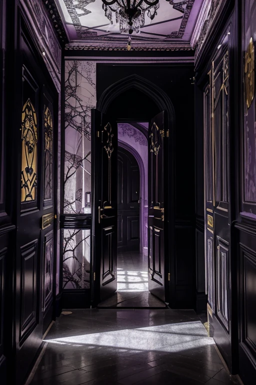 Illuminating the black jungle with white castles, lilac floral madness, violets and yellows, a gloomy room, glamorous and ostentatious in a gothic castle, the door of death, magnicas escaleras goticas gigantes 