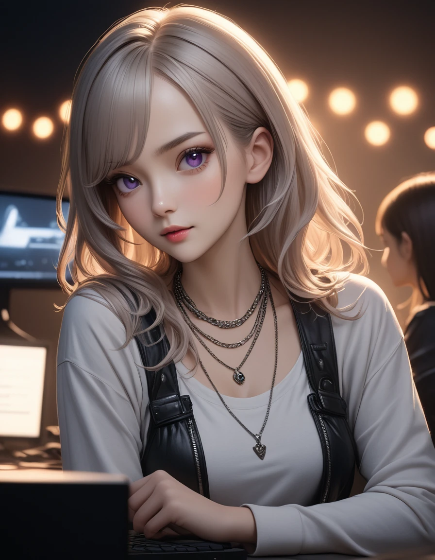 best quality, masterpiece, high resolution, A girl, platinum hair, purple eyes, fashion clothing, necklace, jewelry, Pretty Face, Tyndall effect, lifelike, Dark Studio, Side lighting, Two-color lighting, (HD Skin:1.2), 8k , Soft Light, high quality, Volumetric Lighting, frank, high resolution, 8k, Bokeh,hort depth of field, hacker female, computer