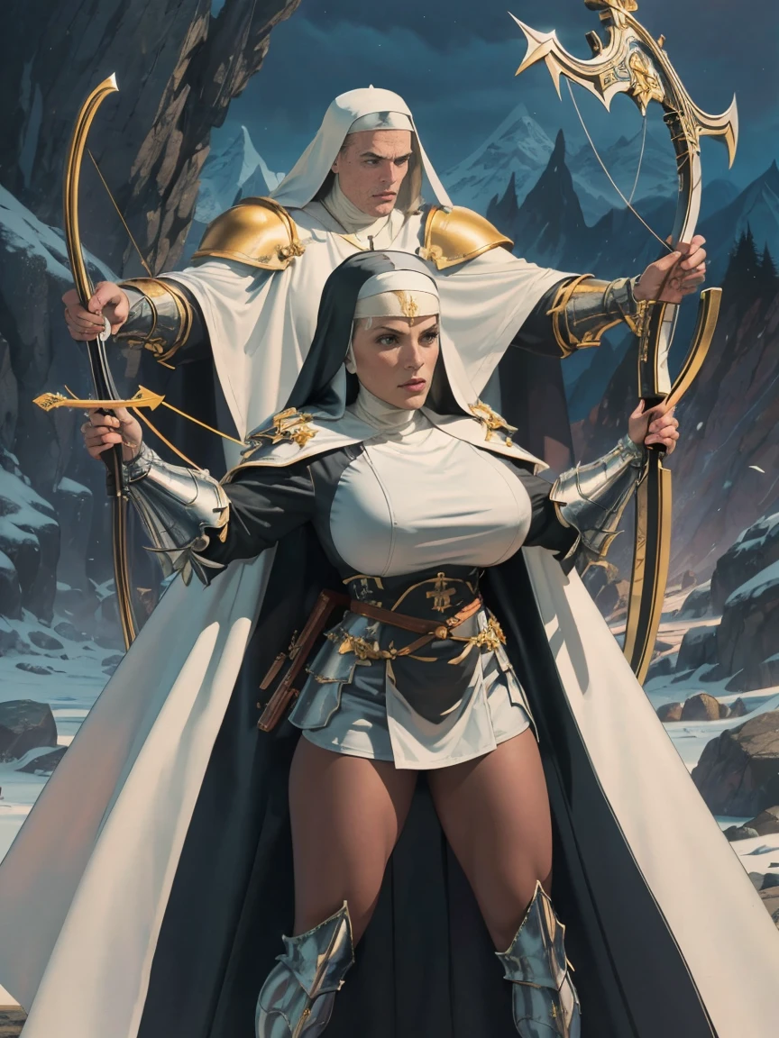 (masterpiece, top quality, best quality, official art, beautiful and aesthetic:1.2), (1girl:1.3), ((Sharp facial features, sharp features, hawkish features)), ((grey eyes)), busty paladin knight girl, extremely detailed, portrait, looking at viewer, solo, (full body:0.6), detailed background, full-body shot, (cold mountain nighttime glacier theme:1.1), holy knight, (nun), charlatan, smirk, mysterious, swaying in mountains, armor, polished metal, gold trim, long boots, white fabric, pelvic curtain, robe, pale leather, ((((nun, crossbow, heavy armor, armored, long legs, robes, prayer scrolls, toned, muscular)))), slim waist, slim hips, long legs, medieval (mountain exterior:1.1) background, dark mysterious lighting, shadows, magical atmosphere, dutch angle