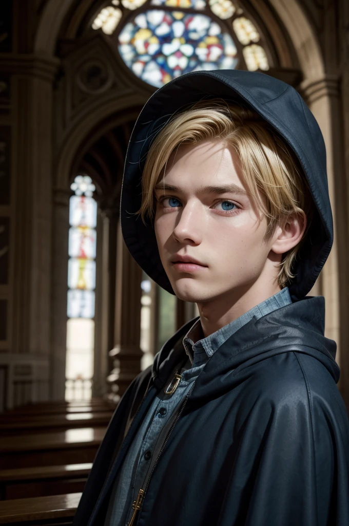 young man, monge, church, short blonde hair, blue colored eyes, brown cloak