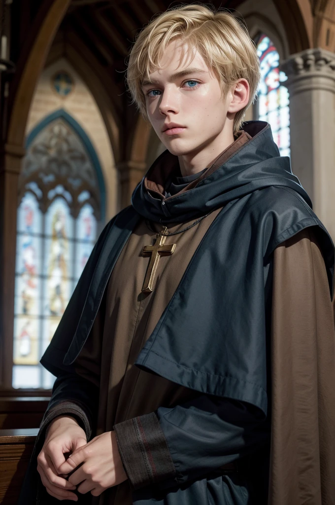 young man, monge, church, short blonde hair, blue colored eyes, brown cloak 