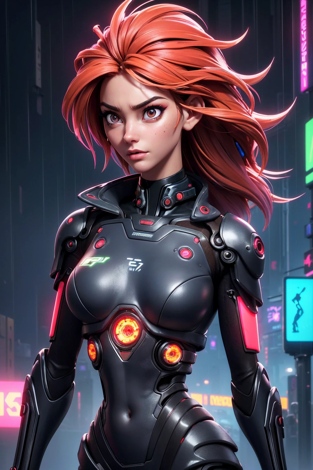 (photorealistic Realism 16K Quality, ultra-fine digital art), (Hyper-realistic proportional body, anatomically correct:1.3), (((beautiful cyberpunk woman))), ((upper body to navel shot:1.21)), Portrait, ((Short, bright red, messy hair)), Black Eyeshadow, ((futuristic cyberpunk street style:1.3)),((futuristic biomechanical implants)), (Urban Background:1.35), Heavy makeup, Digital Art, Trending on Art Station, highly detailed, The finer details, Complex, beautiful detailed glow, (super detailed beautiful, slim and sharp-face), (light pale complexion). BREAK, (Super beautiful, ((Insanely details brown_eyes1.3)), ((Hyperrealistic sharp real human eyes)), (tired and sleepy and satisfied:0.0), perfect round eyes, (finely detailed pupils:1.3), detailed, (neon lighting), High resolution, detailed facial features,Sharp focus, Smooth, beautiful, (dark_shot:1.1), This work is in the style of (science fiction futurism) with a (cold palette) that adds depth and richness to the scene, creating a sense of ((anger)) and ((suffering)). (The landscape) is harmoniously balanced, inviting the viewer to immerse themselves in the atmosphere of the cyberpunk city, feel the breeze and listen to the gentle ((falling rain)).