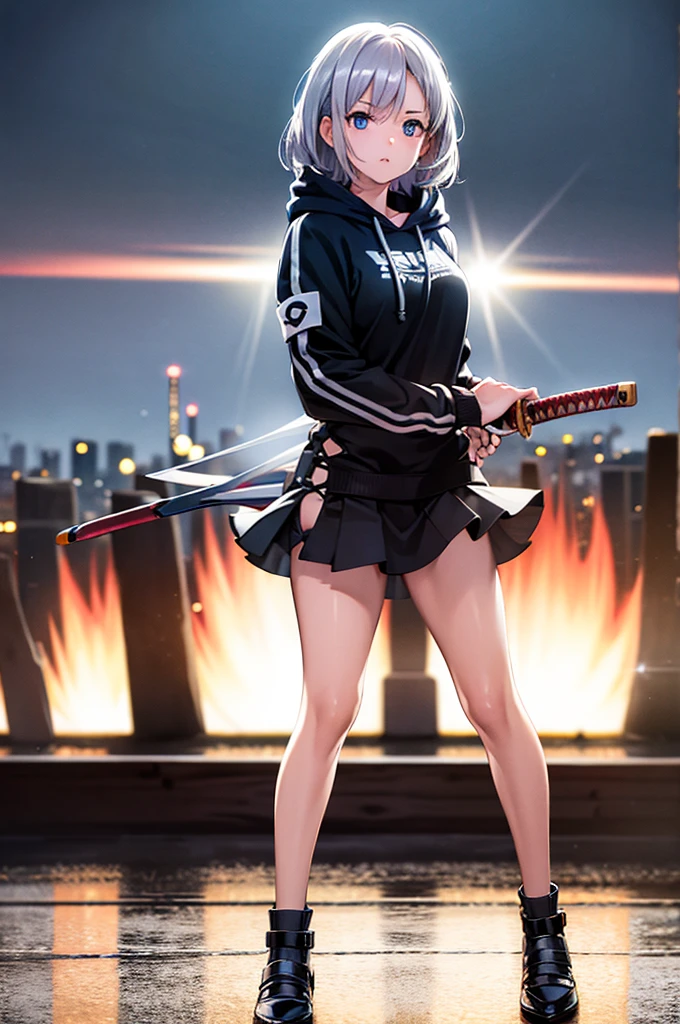 (masterpiece), (best quality), (ultra detailed), (high res 8K), 1 girl, late teenage, standing, contrappost, full body, low angle, hoody, mini-skirt,((katana)), short hair, silver hair, serious, looking away, cityscape in Tokyo, night, rim lighting, high contrast, professional lighting, stunning face, symmetrical clear eyes, detailed eyes and face,(near future)