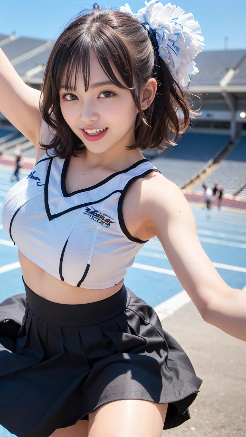 masterpiece, ultra detailed, ultra high res, (photorealistic:1.4), 8k, RAW photo, best quality, detailed shadow, sharp focus, bloom, (bokeh:1.3), (blue Hour Light:1.6), (acrobatic pose:1.5), (cowboy shot:1.3), (close up:1.5), (looking at viewer:1.2), break 1girl, (big laugh:1.5), (open mouth:1.4), (light brown hair:1), (wavy hair:1.6), (short bob cut:1.5), (bangs:1), (small breasts:1), (perfect face:1.4), super detailed beautiful skin, (abs:0.7), (round face:1.5), (wide forehead:1.25), (skinny:1.2), (fair skin:1.5), (transparent skin:1.5),(Japanese idle:1.5), ( face:1), (detailed and structured patterns:1.6), (18 years old:1.5), (black cheerleade:1.6), (Skirt-style-cheerleade:1.6), (cheerleader with logo), (latex:1.2), (stadium:1.4)