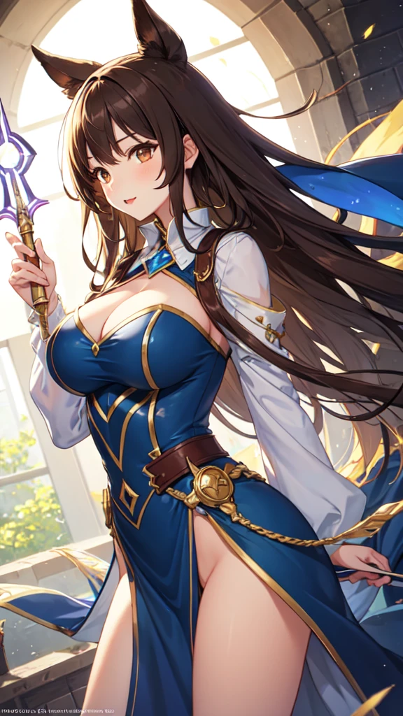 cute, lovely, beautiful, dynamic angle, 1 Wizard girl, magical wand, solo, 1woman, big breasts, long hair, brown hair, brown eyes,