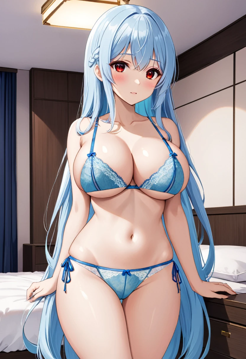 My name is Yukiko.I am a white test woman with long light blue hair,red eye color.I am 1.62 cm tall . My breasts measure 200 cm, my waist 40 cm and my hips 200 cm. Dressed in a set of lingerie underwear . With huge breasts 200 cm
