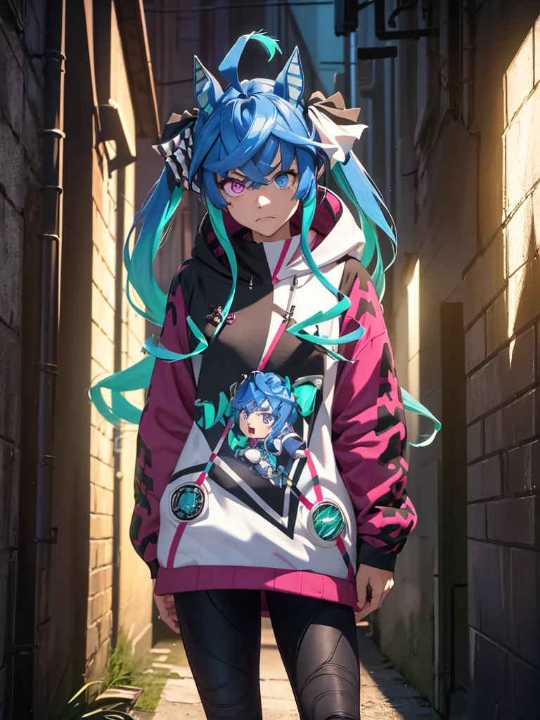 (Masterpiece, best quality, high res、highly detailed cg: 1), Create an image of a menacing figure standing in a narrow, dimly lit alleyway, looking down intimidatingly at the viewer. The figure should have a threatening appearance, with dark, shadowy clothes and a commanding posture. Additionally, give the figure an irritated and angry facial expression, like a thug who's frustrated. The alleyway should feel claustrophobic and foreboding, enhancing the sense of danger. Twin_Turbo_Umamusume, aqua hair, twintails, heterochromia, purple eyes, blue eyes, sharp teeth, multicolored hoodie, black leggings, full body