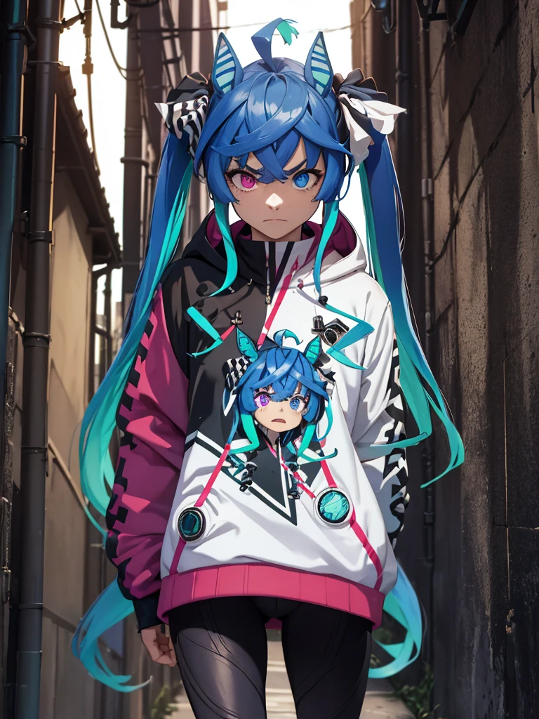 (Masterpiece, best quality, high res、highly detailed cg: 1), Create an image of a menacing figure standing in a narrow, dimly lit alleyway, looking down intimidatingly at the viewer. The figure should have a threatening appearance, with dark, shadowy clothes and a commanding posture. Additionally, give the figure an irritated and angry facial expression, like a thug who's frustrated. The alleyway should feel claustrophobic and foreboding, enhancing the sense of danger. Twin_Turbo_Umamusume, aqua hair, twintails, heterochromia, purple eyes, blue eyes, sharp teeth, multicolored hoodie, black leggings, full body