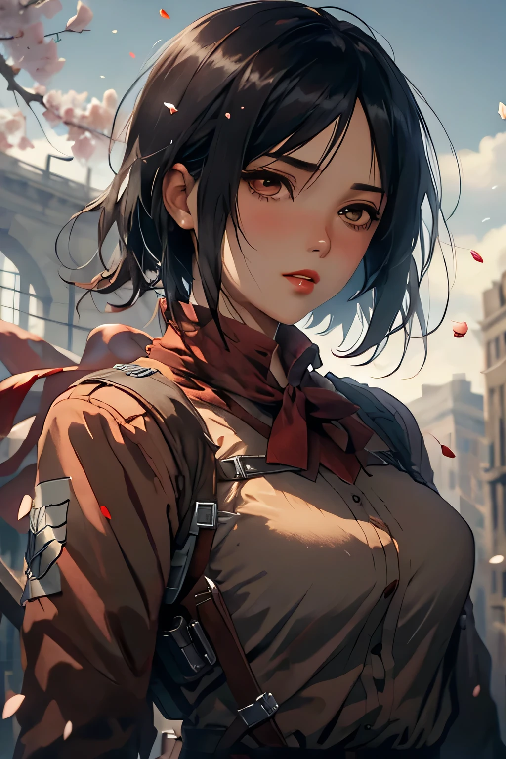 Masterpiece, absurderes, Mikasa (Attack on Titan), 1girl, Solo, Stylish lady, Off-the-shoulder lace blouse, When looking at the camera, (Blowing petals), Perfectcomposition, Detailed lips, large bosom, Attractive face, body proportion, Blush, (Red lips), Long black hair, Gray eyes, Soft look, Ultra realistic, Detailed, photoshoot, Realistic faces and bodies