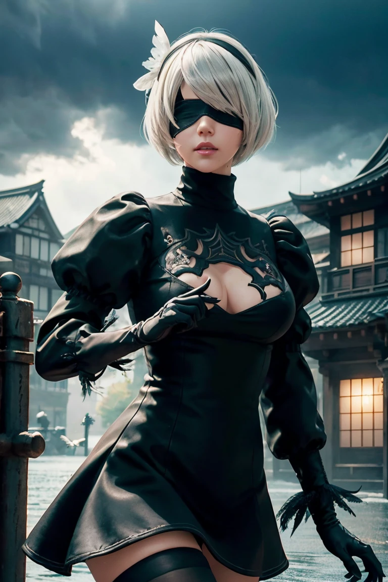 2B Nier Automata,Bobcut, Gray Hair,Long sleeve, Juliet Sleeve, White gloves, turtleneck, bangs, Feather ornament, Feather ornament sleeves, Blindfold, Black Goth Dress,Japanese Ultra HD,super high quality,masterpiece,Digital SLR,Photorealistic,Detailed details,Vivid details,Depicted in detail,A detailed face,Detailed details,Super Detail,Realistic skin texture,Anatomical basis,Perfect Anatomy,Anatomically correct hand,Anatomically correct fingers,Complex 3D rendering,Sexy pose,Rainy Sky,Beautiful scenery,Fantastic rainy sky,Fantasy worldview,Picturesque,Pink Lips,Black butterfly々Fluttering,