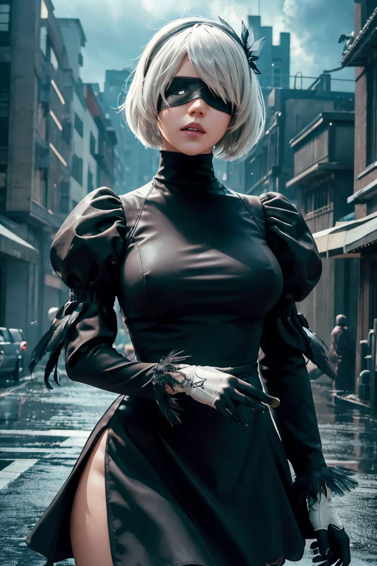 2B Nier Automata,Bobcut, Gray Hair,Long sleeve, Juliet Sleeve, White gloves, turtleneck, bangs, Feather ornament, Feather ornament sleeves, Blindfold, Black Goth Dress,Japanese Ultra HD,super high quality,masterpiece,Digital SLR,Photorealistic,Detailed details,Vivid details,Depicted in detail,A detailed face,Detailed details,Super Detail,Realistic skin texture,Anatomical basis,Perfect Anatomy,Anatomically correct hand,Anatomically correct fingers,Complex 3D rendering,Sexy pose,Rainy Sky,Beautiful scenery,Fantastic rainy sky,Fantasy worldview,Picturesque,Pink Lips,Black butterfly々Fluttering,