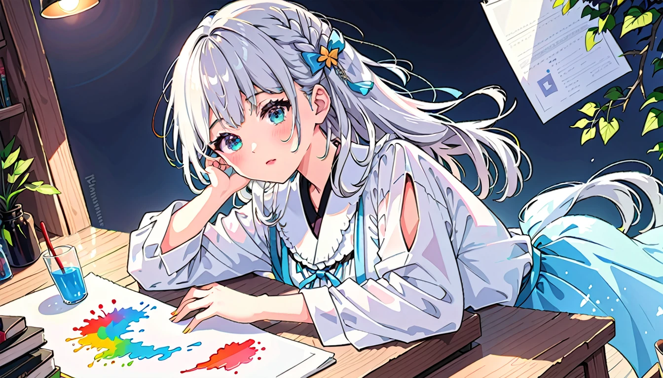 Shirakami Fubuki/(Holographic live broadcast/),(on the table:1.6, best quality), (Delicate and beautiful eyes: 1.2), (Extremely detailed CG Unity 8K wallpapers, on the table, Super detailed, best shadow), (Detailed background), (Beautiful and delicate face, Beautiful and delicate eyes), high contrast, high resolution, (best lighting, extremely delicate and beautiful),1 girl in, ((Colorful paint splash isolated on transparent background, more)), ((corrosive)), dynamic angle, Beautiful and detailed light, whole body, Cowboy shooting,