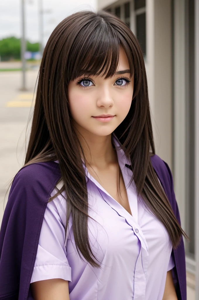 A brunette anime girl, purple eyes student 