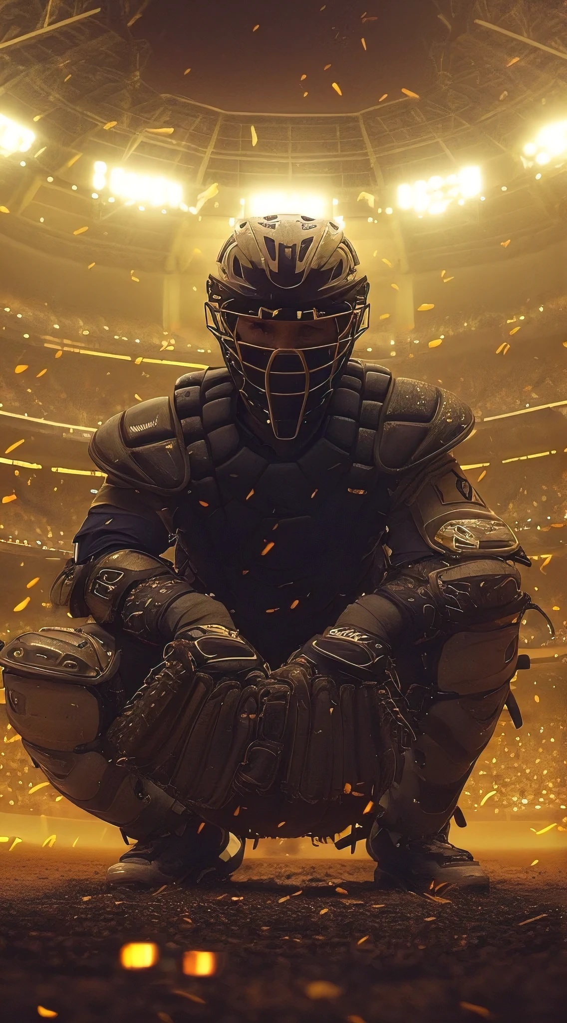 baseball catcher in uniform, stadium interior, action pose, dynamic composition, cinematic lighting, photorealistic, 8k, high quality, detailed, (best quality,4k,8k,highres,masterpiece:1.2),ultra-detailed,(realistic,photorealistic,photo-realistic:1.37),dynamic sports action,professional sports photography,dramatic sports scene