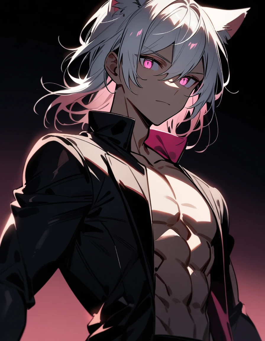 young man, White hair, pink eyes, Cat's ear, black overcoat , slightly muscular body, detailed lighting