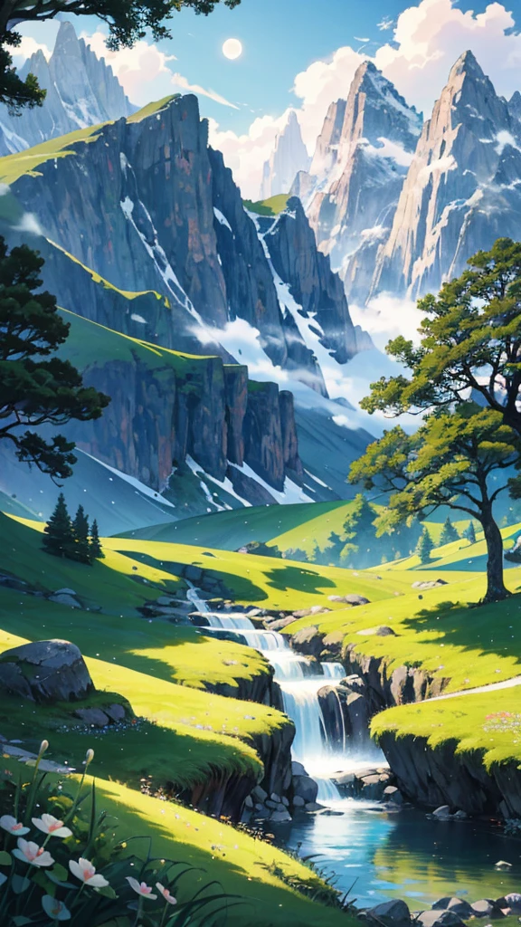 Stunning mountain landscape with a serene stream, Beautiful scenery artwork of anime countryside, Anime landscape wallpaper showcases a cute valley., Beautiful anime peace scene with full moon, Detailed anime landscape — 672 wide, Anime nature scenes with Ross Tran&#39;s signature style, Beautiful background of anime landscape., Anime nature wallpaper of a peaceful river., The anime scenery is suitable for a calm atmosphere., Vivid colors and clean lines for ultra-detailed and realistic rendering., HDR, UHD, and studio lights to highlight the beauty of the scene., Extreme attention to detail in the moonlight, stream, and mountain peaks,