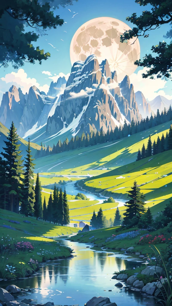 Stunning mountain landscape with a serene stream, Beautiful scenery artwork of anime countryside, Anime landscape wallpaper showcases a cute valley., Beautiful anime peace scene with full moon, Detailed anime landscape — 672 wide, Anime nature scenes with Ross Tran&#39;s signature style, Beautiful background of anime landscape., Anime nature wallpaper of a peaceful river., The anime scenery is suitable for a calm atmosphere., Vivid colors and clean lines for ultra-detailed and realistic rendering., HDR, UHD, and studio lights to highlight the beauty of the scene., Extreme attention to detail in the moonlight, stream, and mountain peaks,
