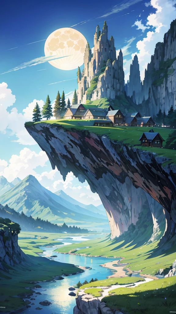 Stunning mountain landscape with a serene stream, Beautiful scenery artwork of anime countryside, Anime landscape wallpaper showcases a cute valley., Beautiful anime peace scene with full moon, Detailed anime landscape — 672 wide, Anime nature scenes with Ross Tran's signature style, Beautiful background of anime landscape., Anime nature wallpaper of a peaceful river., The anime scenery is suitable for a calm atmosphere., Vivid colors and clean lines for ultra-detailed and realistic rendering., HDR, UHD, and studio lights to highlight the beauty of the scene., Extreme attention to detail in the moonlight, stream, and mountain peaks,