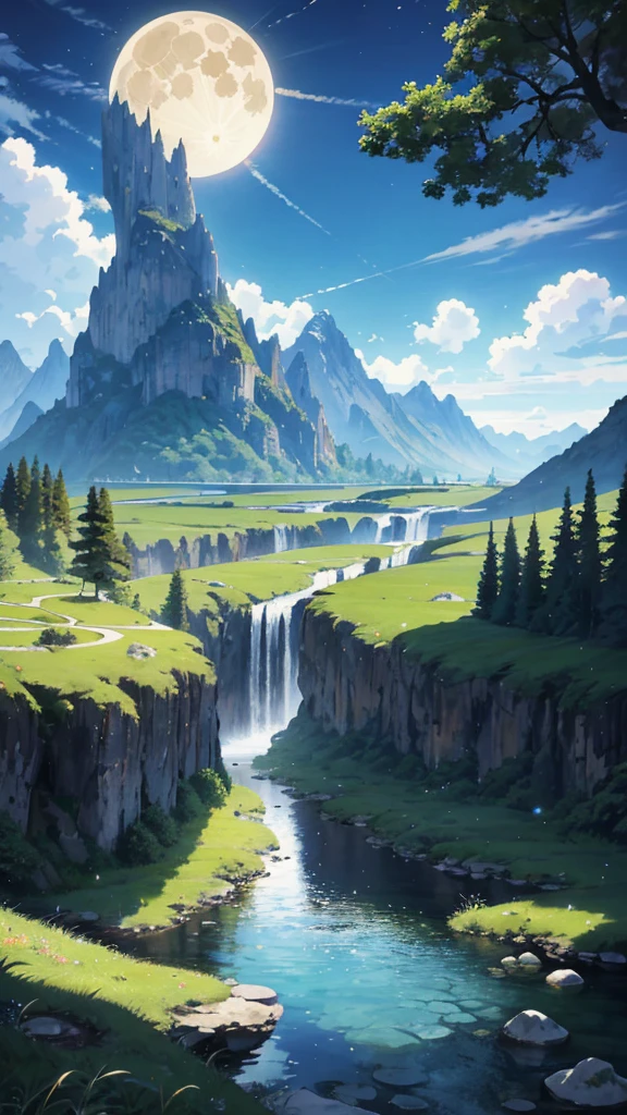 Stunning mountain landscape with a serene stream, Beautiful scenery artwork of anime countryside, Anime landscape wallpaper showcases a cute valley., Beautiful anime peace scene with full moon, Detailed anime landscape — 672 wide, Anime nature scenes with Ross Tran&#39;s signature style, Beautiful background of anime landscape., Anime nature wallpaper of a peaceful river., The anime scenery is suitable for a calm atmosphere., Vivid colors and clean lines for ultra-detailed and realistic rendering., HDR, UHD, and studio lights to highlight the beauty of the scene., Extreme attention to detail in the moonlight, stream, and mountain peaks,