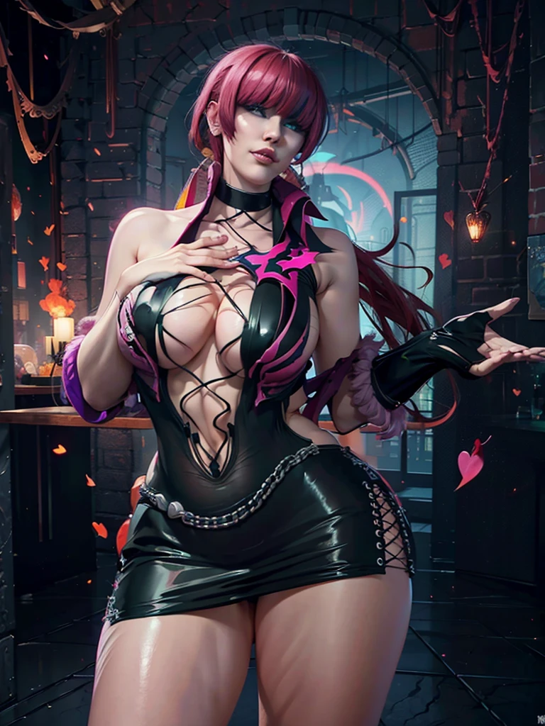 morrigan_Aensland, beautiful face, pink eyes, Loving eyes, devil, together, strict face, evil smile,realisticlying，22yo girl,close-up of a 20 age chubby woman nsfw in a no dress, sleeveless, dark eyes, legs, long black ponytail hair, stunning beautiful artwork, maximalist, by artgerm, 8k artwork, 8k photo, trending on artstation.
