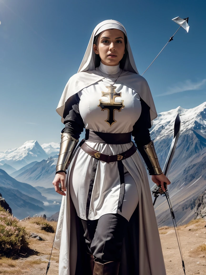 (masterpiece, top quality, best quality, official art, beautiful and aesthetic:1.2), (1girl:1.3), ((Sharp facial features, sharp features, hawkish features)), ((grey eyes)), busty paladin knight girl, extremely detailed, portrait, looking at viewer, solo, (full body:0.6), detailed background, full-body shot, (cold mountain nighttime glacier theme:1.1), holy knight, (nun), charlatan, smirk, mysterious, swaying in mountains, armor, polished metal, gold trim, long boots, white fabric, pelvic curtain, robe, pale leather, ((((nun, crossbow, heavy armor, armored, long legs, robes, prayer scrolls, toned, muscular)))), slim waist, slim hips, long legs, medieval (mountain exterior:1.1) background, dark mysterious lighting, shadows, magical atmosphere, dutch angle
