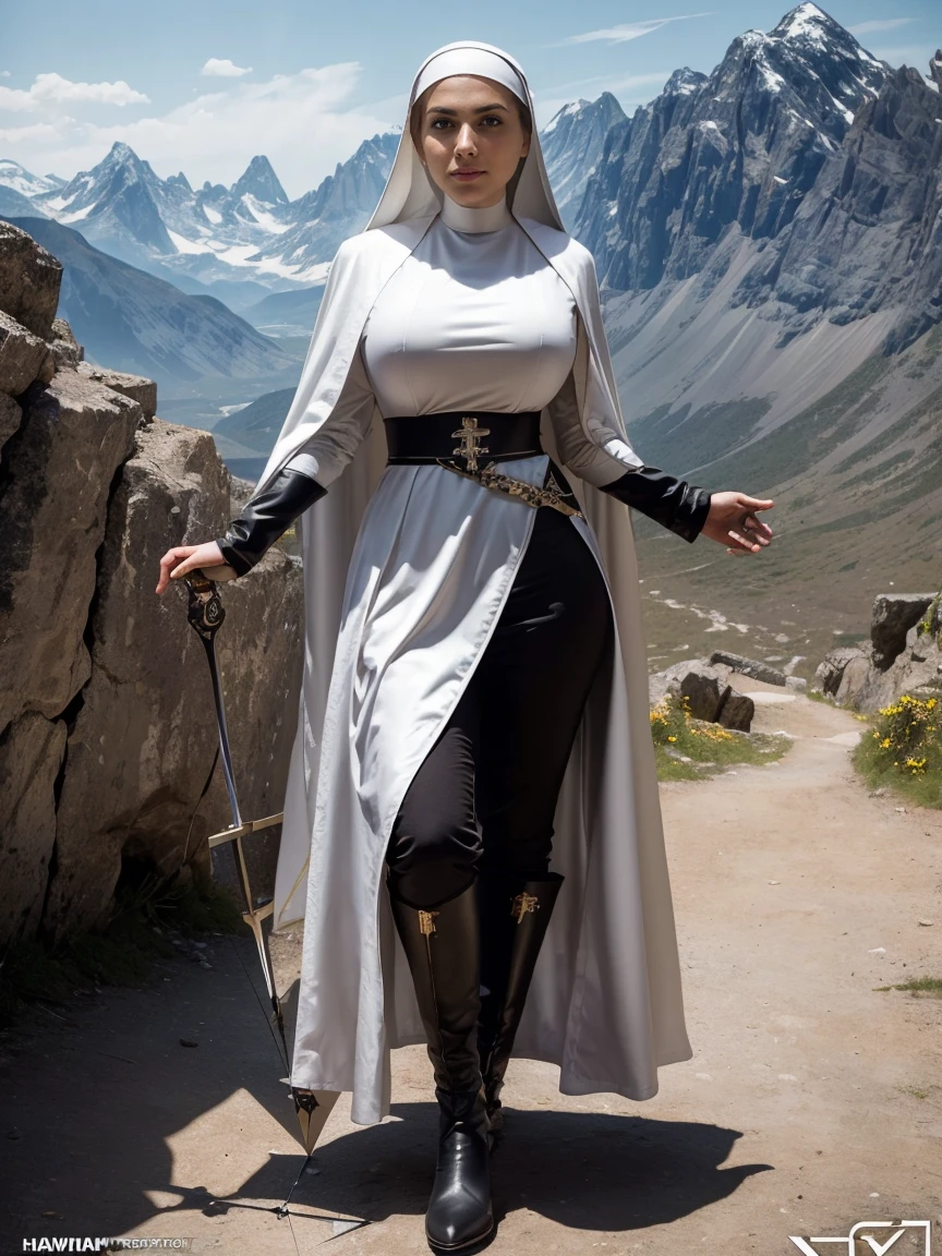 (masterpiece, top quality, best quality, official art, beautiful and aesthetic:1.2), (1girl:1.3), ((Sharp facial features, sharp features, hawkish features)), ((grey eyes)), busty paladin knight girl, extremely detailed, portrait, looking at viewer, solo, (full body:0.6), detailed background, full-body shot, (cold mountain nighttime glacier theme:1.1), holy knight, (nun), charlatan, smirk, mysterious, swaying in mountains, armor, polished metal, gold trim, long boots, white fabric, pelvic curtain, robe, pale leather, ((((nun, crossbow, heavy armor, armored, long legs, robes, prayer scrolls, toned, muscular)))), slim waist, slim hips, long legs, medieval (mountain exterior:1.1) background, dark mysterious lighting, shadows, magical atmosphere, dutch angle