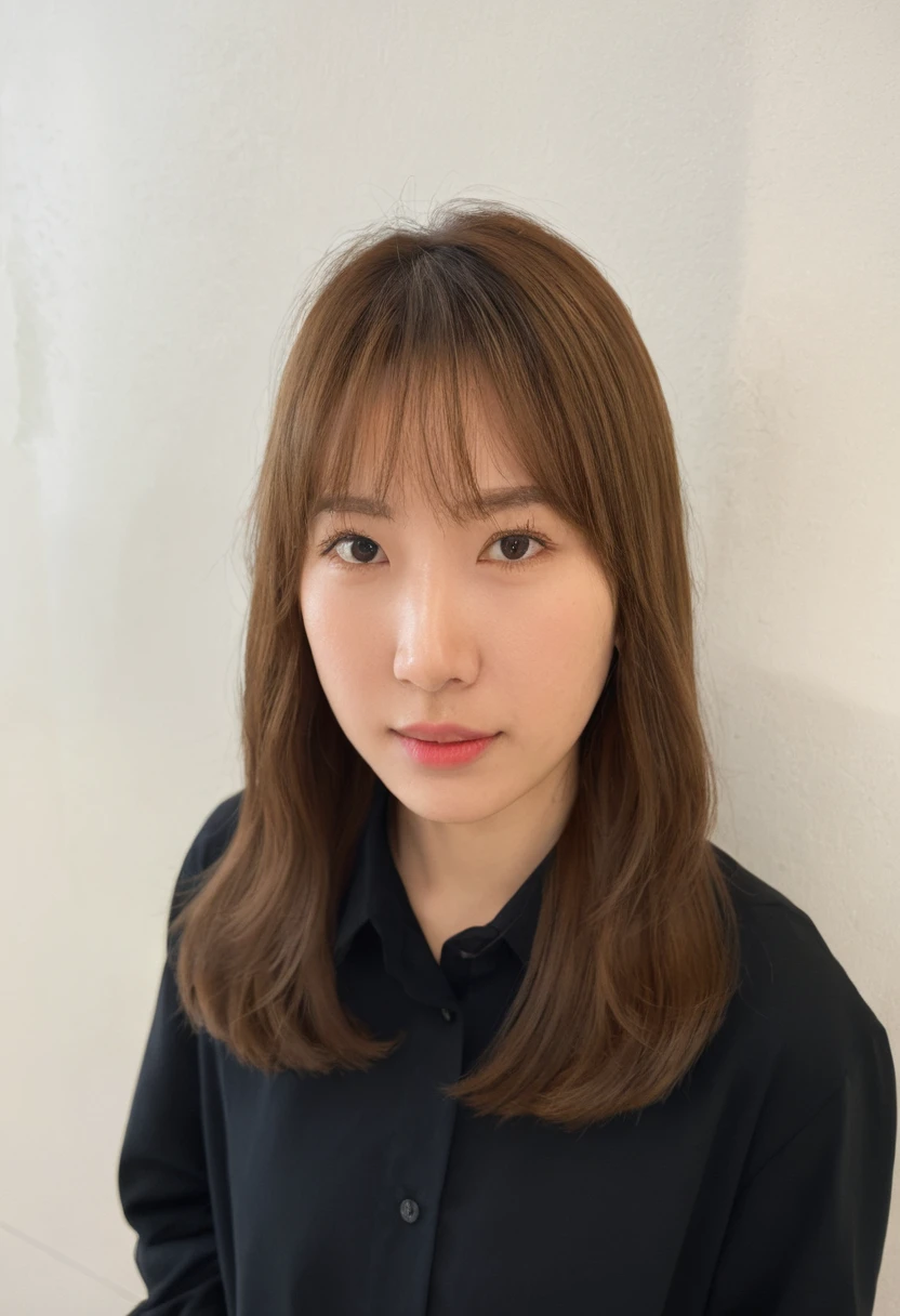 Best Quality, 8k, Masterpiece, (Portrait: 1.3), (photo realistic:1.4), (hyper realistic:1.4), Sharp Focus, looking at viewer, (smoother lighting:1.1), (increase cinematic lighting quality:0.9), realistic lighting, backlighting, light on face, ray trace, (brightening light:1.2), (Increase quality:1.4), sharp detail, (best quality real texture skin:1.4), finely detailed eyes, black_eyes, finely detailed face, 25 year old Korean woman, (white formal_shirt:1.4), (Create an image maintaining the original base model hairstyle:1.5)
