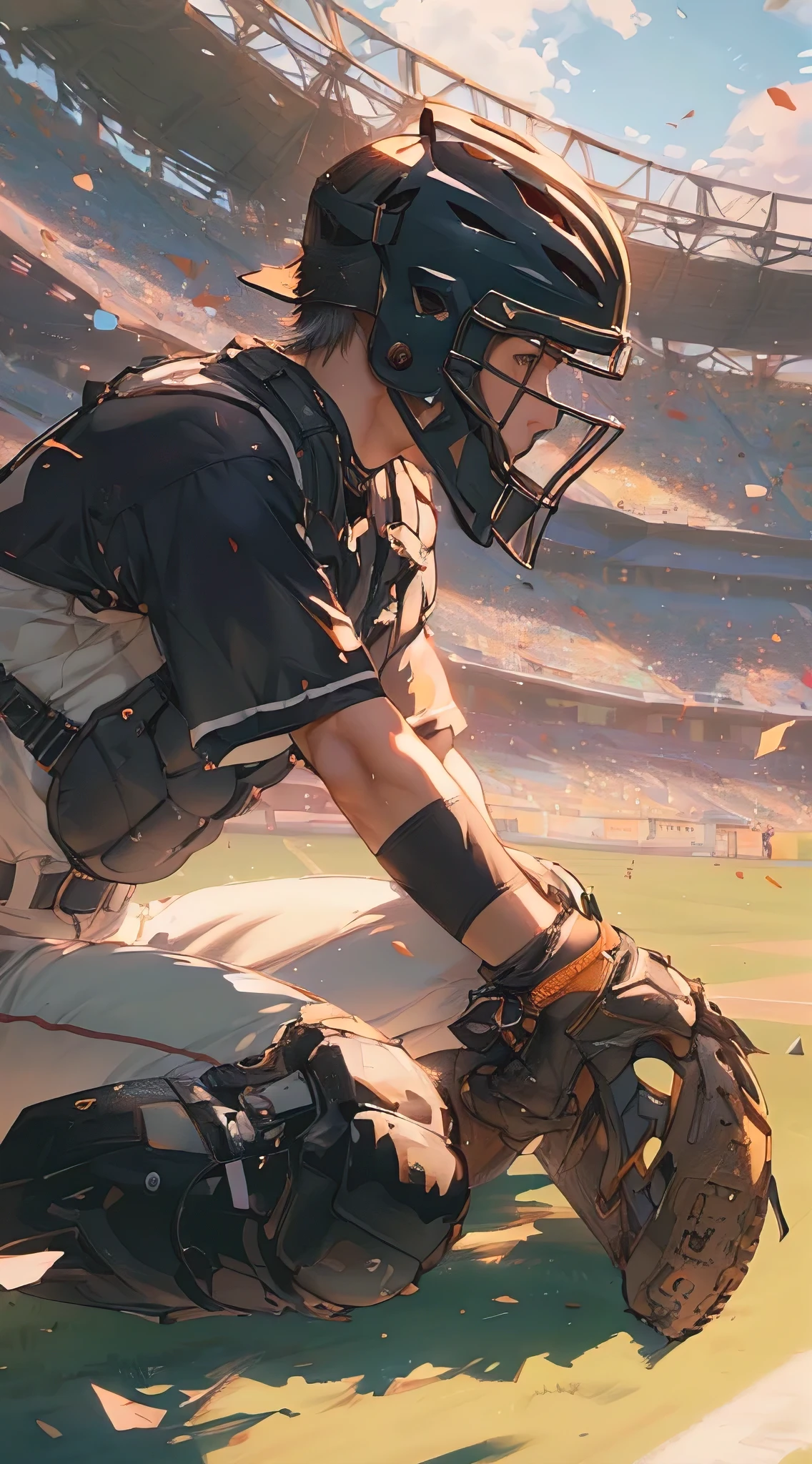 baseball catcher in uniform, stadium interior, action pose, dynamic composition, cinematic lighting, photorealistic, 8k, high quality, detailed, (best quality,4k,8k,highres,masterpiece:1.2),ultra-detailed,(realistic,photorealistic,photo-realistic:1.37),dynamic sports action,professional sports photography,dramatic sports scene