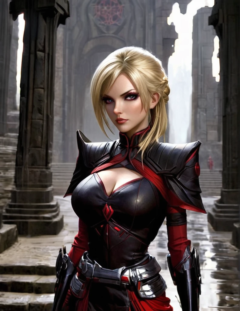 Une femme au cheveux longs blonde, seule, apparence sensuelle, seigneur sith, inspiré de star Wars old republic, en armure moulante noir, marche dans des ruines d'un temple sith de koriban sombre, sabre laser rouge en main, a un regard fort, des yeux doré, un visage doux et autoritaire , démarche gracieuse, courbes parfaite pour le corps en sablier, hanche ronde en forme de coeur.