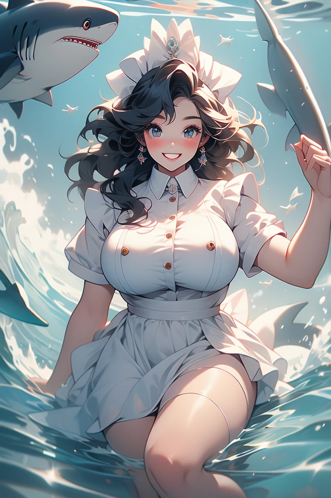 anthro, shark, voluptuous, wide grin, maid uniform