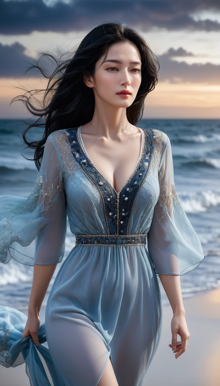 ((Masterpieces with up to 16K resolution:1.6)),Highest quality,it is really amazing,Very detailed,Ultra-high resolution,(Real:1.5),(Realistic:1.5),Increased depth of field,Cinematic Light,
Elegant mature woman,
Long black hair,(Exquisitely detailed face:1.5),Face with a gentle expression,Translucent white skin,Very sensitive skin,Great proportions,Anatomically correct body,
elegant beach dress,Artistic design,Beautiful and detailed pattern,Detailed fabric texture,Gorgeous necklace,
Coastal landscape at dusk,Dark clouds and dark sky,delay々Continuing sandy beach, Deserted Beach,Dark sea surface,
(Dramatic Angle:1.6),