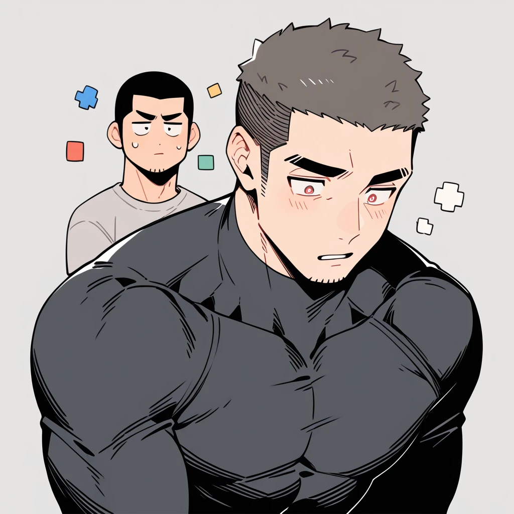 anime characters:Priapus, Muscle Sports Student, Buzz Cut, Manliness, male focus, Dark black high collar long sleeve tight T-shirt, Very tight, Round, full and perky chest muscles, muscular male, muscular, only, Upper body, alone, Black short hair, Thick eyebrows, stubble, Brown-red pupils, Grey background, simple background, amazing quality, best aesthetics, Ridiculous, crew cut, parted lips, flustered, endured face, best quality