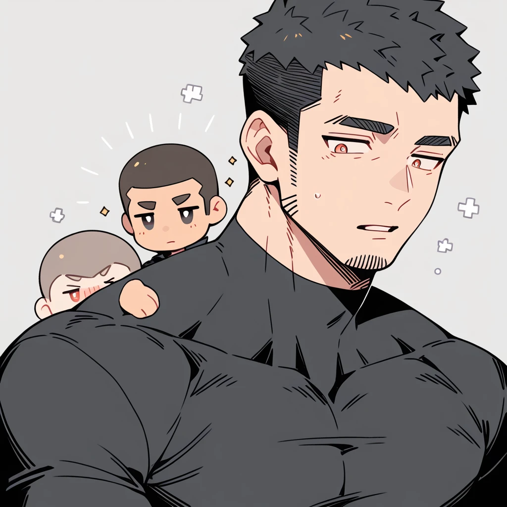 anime characters:Priapus, Muscle Sports Student, Buzz Cut, Manliness, male focus, Dark black high collar long sleeve tight T-shirt, Very tight, Round, full and perky chest muscles, muscular male, muscular, only, Upper body, alone, Black short hair, Thick eyebrows, stubble, Brown-red pupils, Grey background, simple background, amazing quality, best aesthetics, Ridiculous, crew cut, parted lips, flustered, endured face, best quality