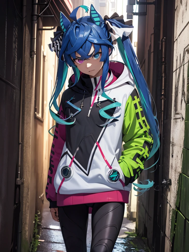(Masterpiece, best quality, high res、highly detailed cg: 1), Create an image of a menacing figure standing in a narrow, dimly lit alleyway, looking down intimidatingly at the viewer. The figure should have a threatening appearance, with dark, shadowy clothes and a commanding posture. Additionally, give the figure an irritated and angry facial expression, like a thug who's frustrated. The alleyway should feel claustrophobic and foreboding, enhancing the sense of danger. Twin_Turbo_Umamusume, aqua hair, twintails, heterochromia, purple eyes, blue eyes, sharp teeth, multicolored hoodie, black leggings, full body