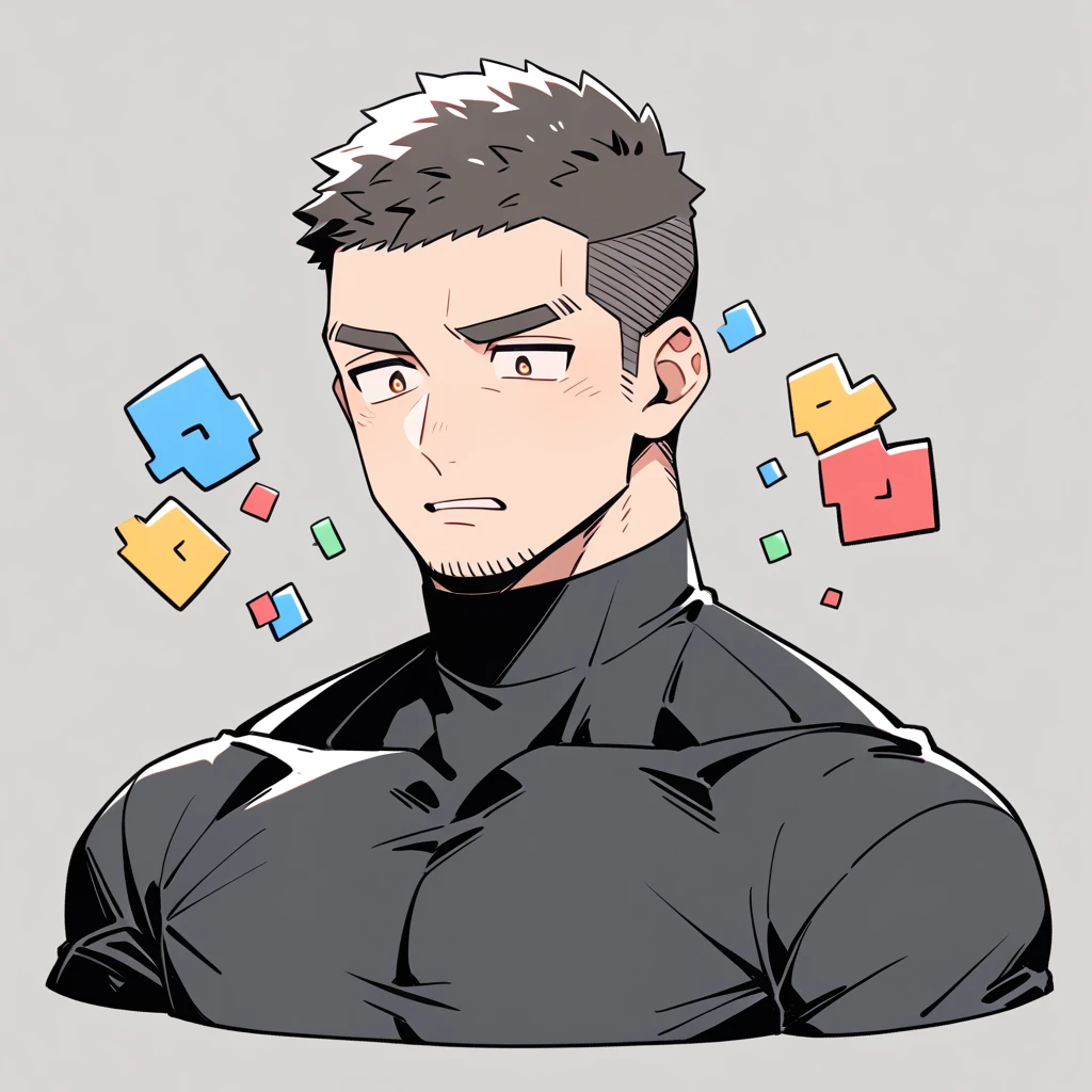 anime characters:Priapus, Muscle Sports Student, Buzz Cut, Manliness, male focus, Dark black high collar long sleeve tight T-shirt, Very tight, Round, full and perky chest muscles, muscular male, muscular, only, Upper body, alone, Black short hair, Thick eyebrows, stubble, Brown-red pupils, Grey background, simple background, amazing quality, best aesthetics, Ridiculous, crew cut, parted lips, flustered, endured face, best quality