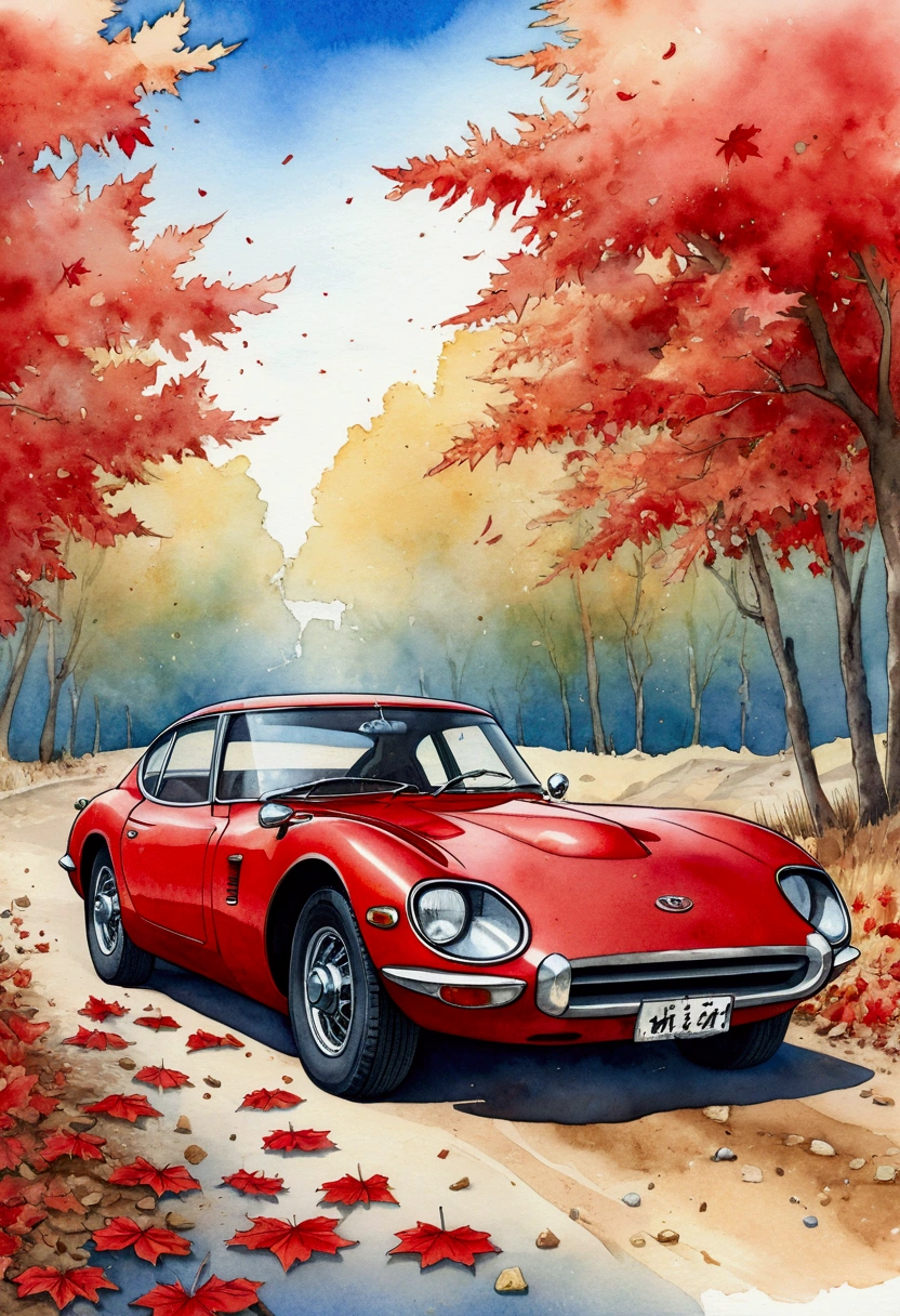 dreamy vibes art style, a red toyota 2000GT, dust deposit, backroad, maple leaves, torrid, watercolor, masterpiece, comics page, crystal clear blue sky, dusty, dust, flat colors, paper texture, golden hour, old, abandoned, in memory, finality, ending, homesickness,from behind,