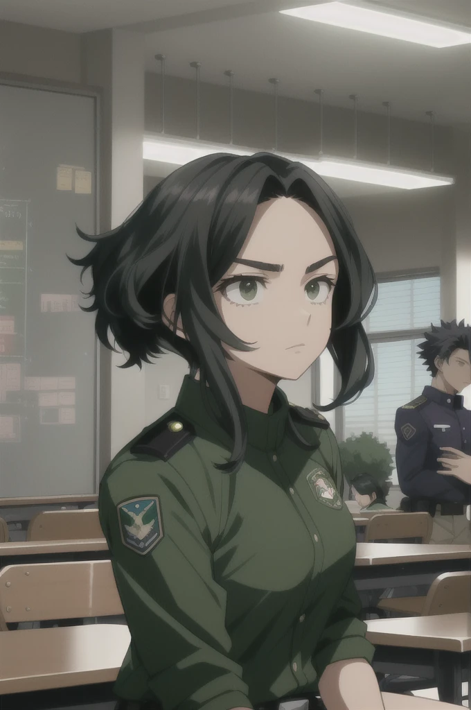 Screenshot of my hero academia.
Black hair girl with long green, He has gray eyes and has a serious expression. She is wearing the UA uniform and in the background she has a UA school class and she is sitting at a table 
