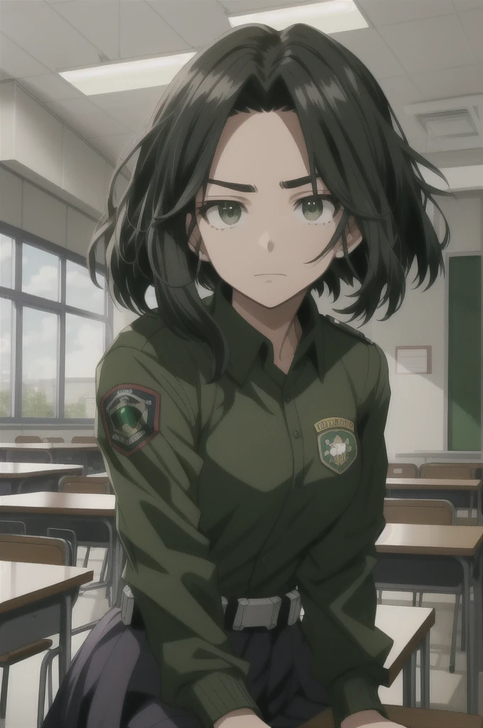 Screenshot of my hero academia.
Black hair girl with long green, He has gray eyes and has a serious expression. She is wearing the UA uniform and in the background she has a UA school class and she is sitting at a table