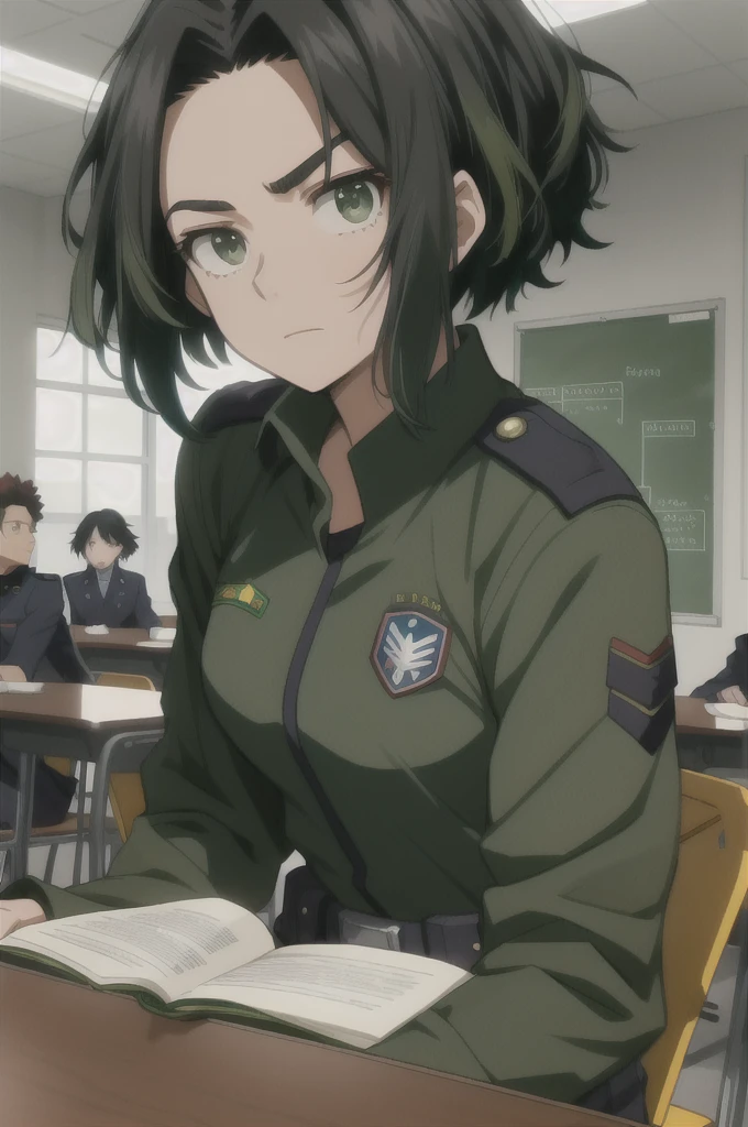 Screenshot of my hero academia.
Black hair girl with long green, He has gray eyes and has a serious expression. She is wearing the UA uniform and in the background she has a UA school class and she is sitting at a table 
