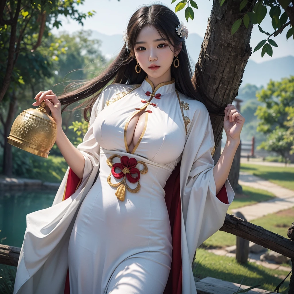 Huge breasts, ancient chinese costume, whole body, sunlight, Clear Face, Clean white background, masterpiece, Super detailed, A magnificent composition, Ultra HD, high quality, Very detailed, Official Art, Uniform 8k wallpaper, Super detailed, 32k