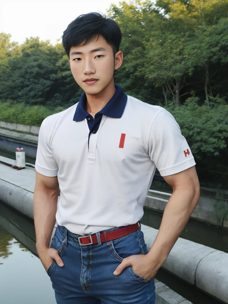 ((realistic daylight)) , Young Korean man in a navy blue polo shirt and jeans, A handsome, muscular young Asian man looks at the camera. In a simple t-shirt blue and red , Along the canal ,turn sideways