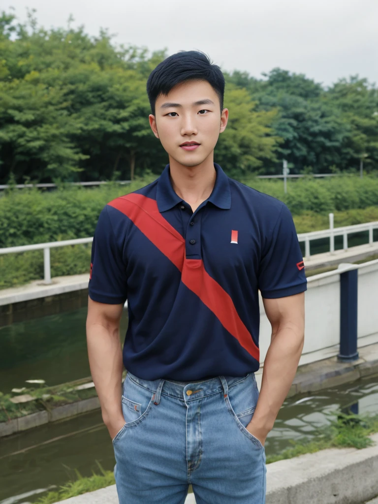 ((realistic daylight)) , Young Korean man in a navy blue polo shirt and jeans, A handsome, muscular young Asian man looks at the camera. In a simple t-shirt blue and red , Along the canal ,turn sideways