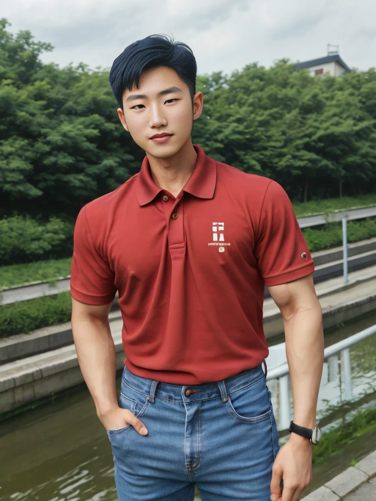 ((realistic daylight)) , Young Korean man in a navy blue polo shirt and jeans, A handsome, muscular young Asian man looks at the camera. In a simple t-shirt blue and red , Along the canal ,turn sideways