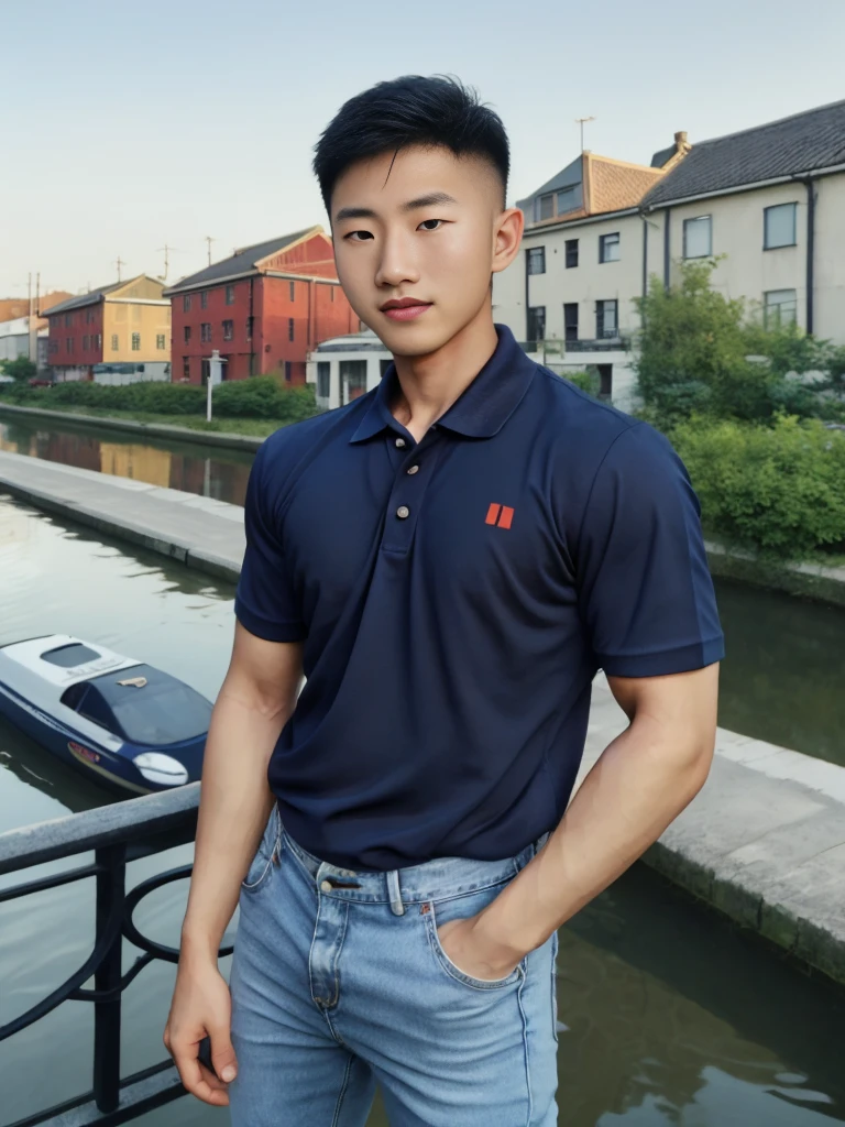 ((realistic daylight)) , Young Korean man in a navy blue polo shirt and jeans, A handsome, muscular young Asian man looks at the camera. In a simple t-shirt blue and red , Along the canal ,turn sideways