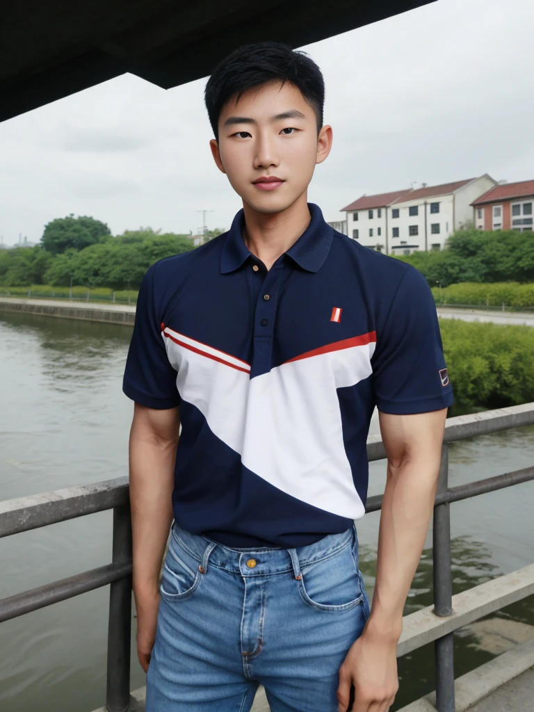 ((realistic daylight)) , Young Korean man in a navy blue polo shirt and jeans, A handsome, muscular young Asian man looks at the camera. In a simple t-shirt blue and red , Along the canal ,turn sideways