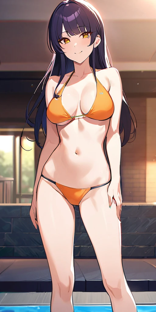 ((Hands beside the body)),((Highest quality、masterpiece:1.3))、Long legs、Sharp focus:1.2, Beautiful woman with perfect figure:1.4、(Smiling:1.2), double eyelid、30-year-old female、Sexy pose、((((One Woman、bikini)))),(((((one women,pool side:1.5)))))、((standing, cowboy shot:1.5))、