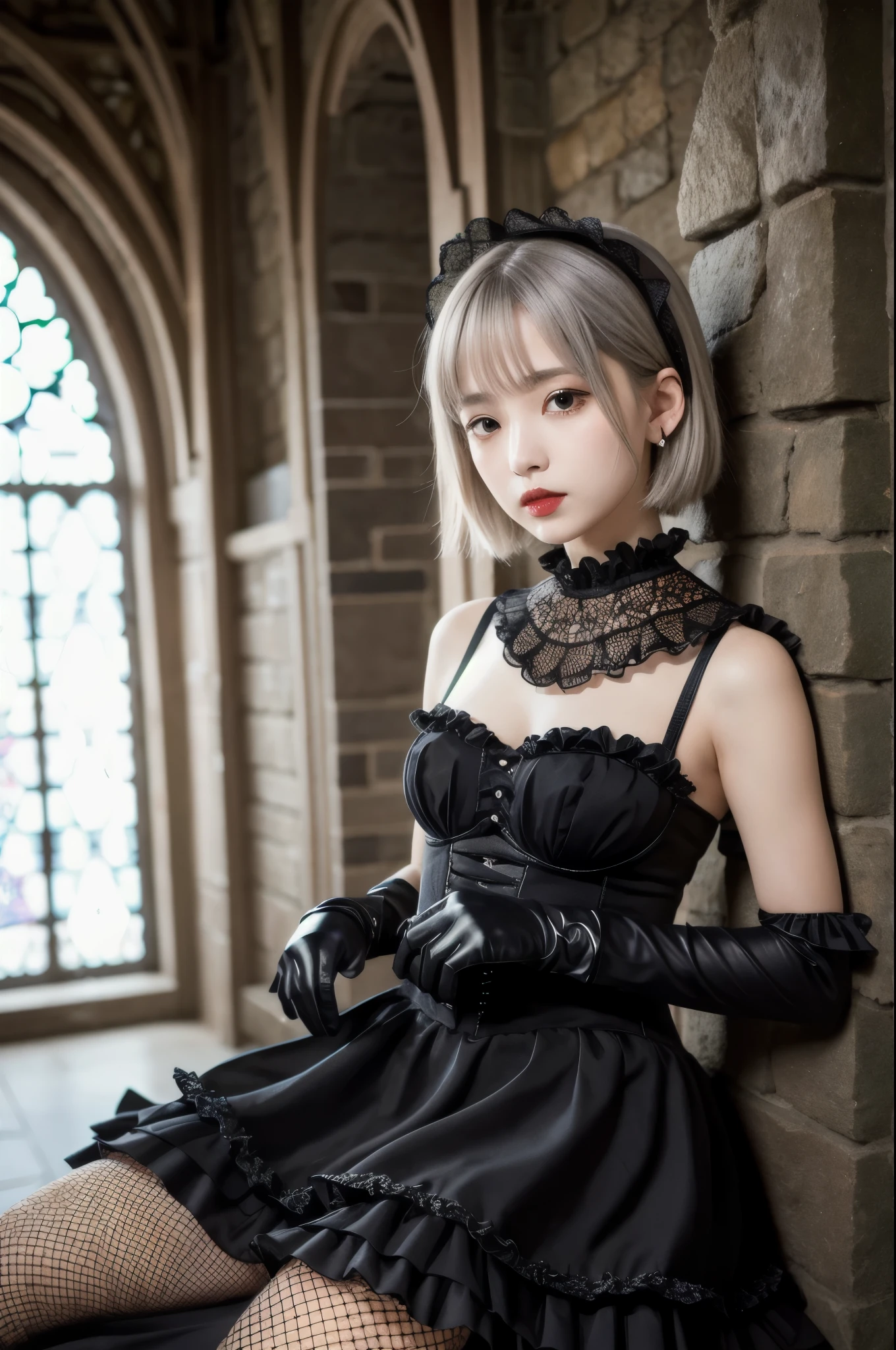 (8K, Photorealistic, Raw photo, Highest quality: 1.4),Japanese idol-style beautiful girl,model,1 person,18-year-old,(Short Bob),(Silver Hair :1.1),She has her hair tucked behind her ears,Headband,Clear grey eyes,Long eyelashes,(piercings(small)),(Pale, lifeless skin(Foundation)),(Lip gloss(Black :1.1)),thin long neck,Large Breasts,(Lace gloves),(gothic lolita dress(Frills,Puffy long skirt)),(layer),(Fishnet tights),Background of a room with heavy Gothic-style stone stained glass,Full body portrait