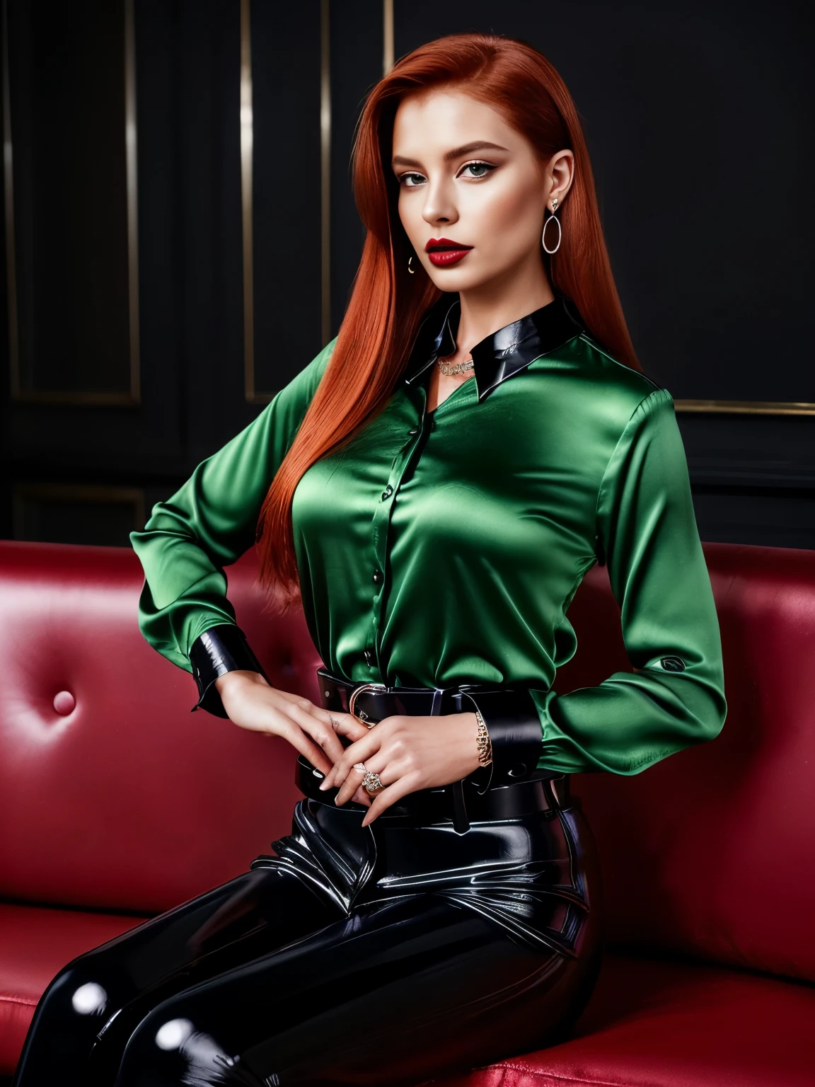 (1girl:1.34), (face and upper body view: with face and hair fully visible:2.3), (solo), (realistic photography), (elegant redhead dominant woman sitting on a couch wearing formal dark green shiny long sleeved satin collared shirt strictly buttoned all the way up :2.3), (wears one long sleeved dark green collared satin shirt:2.2), (wears one large black pvc belt with silver buckle :1.72), (her left hand caresses her belt:1.71), (wears one pearl necklace:1.63), (her right hands caresses her necklace:1.62), (wears long black glossy patent leather trousers:1.5), (looking at the camera with intense dominant eyes:1.44), (long straight red hair:1.43), (asymetric hairstyle:1.42), (clear white skin:1.41), (brown eyes:1.34), (latina type eyes:1.33), (slim body, medium breasts:1.32), heavy sophisticted make-up, deep dark eye shadow, thick lips, (dark shiny glossy lipstick:1.25), hourglass figure, seductive face, large round hoop silver earrings, soft volumetric lights, intricate details, (ArtStation:1.2)