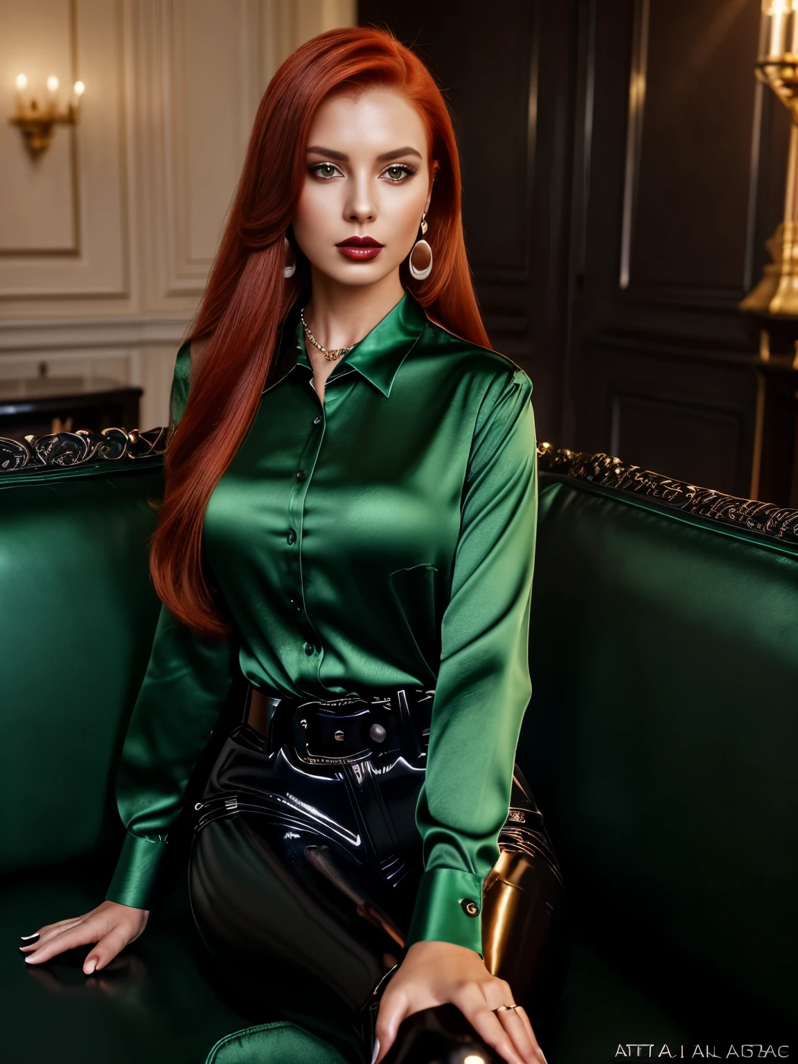 (1girl:1.34), (face and upper body view: with face and hair fully visible:2.3), (solo), (realistic photography), (elegant redhead dominant woman sitting on a couch wearing formal dark green shiny long sleeved satin collared shirt strictly buttoned all the way up :2.3), (wears one long sleeved dark green collared satin shirt:2.2), (wears one large black pvc belt with silver buckle :1.72), (her left hand caresses her belt:1.71), (wears one pearl necklace:1.63), (her right hands caresses her necklace:1.62), (wears long black glossy patent leather trousers:1.5), (looking at the camera with intense dominant eyes:1.44), (long straight red hair:1.43), (asymetric hairstyle:1.42), (clear white skin:1.41), (brown eyes:1.34), (latina type eyes:1.33), (slim body, medium breasts:1.32), heavy sophisticted make-up, deep dark eye shadow, thick lips, (dark shiny glossy lipstick:1.25), hourglass figure, seductive face, large round hoop silver earrings, soft volumetric lights, intricate details, (ArtStation:1.2)