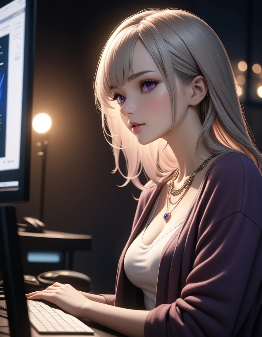 best quality, masterpiece, high resolution, A girl, platinum hair, purple eyes, fashion clothing, necklace, jewelry, Pretty Face, Perfect breasts, more than_Body, Tyndall effect, lifelike, Dark Studio, Side lighting, Two-color lighting, (HD Skin:1.2), 8k , Soft Light, high quality, Volumetric Lighting, frank, high resolution, 8k, Bokeh,hort depth of field, hacker female, computer